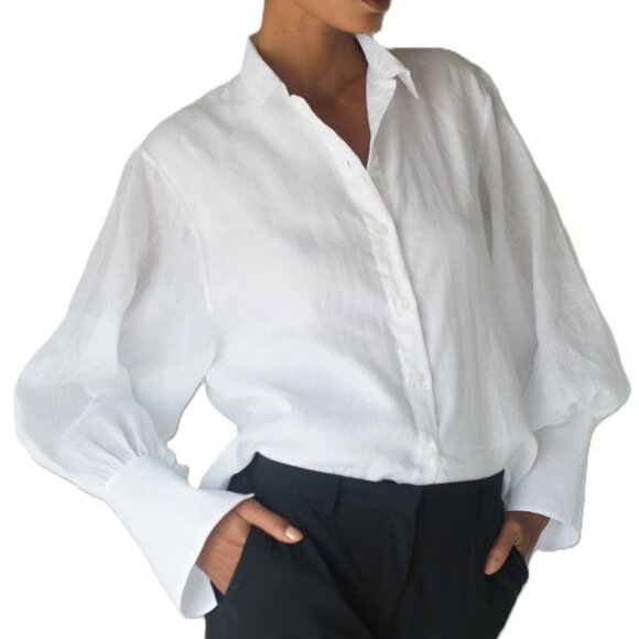 Luciee Eloise Ramie Button-Down Collared Shirt in White Size Medium/Large (NWT) - Picture 1 of 8